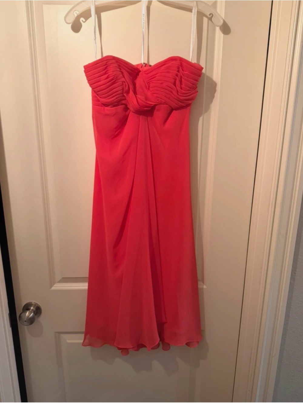 David's Bridal Strapless Coral A-Line Pleated Bust Dress